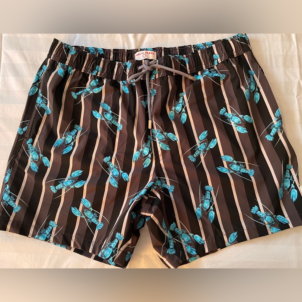 Public Beach Men's Swim Shorts with Blue Lobster Print